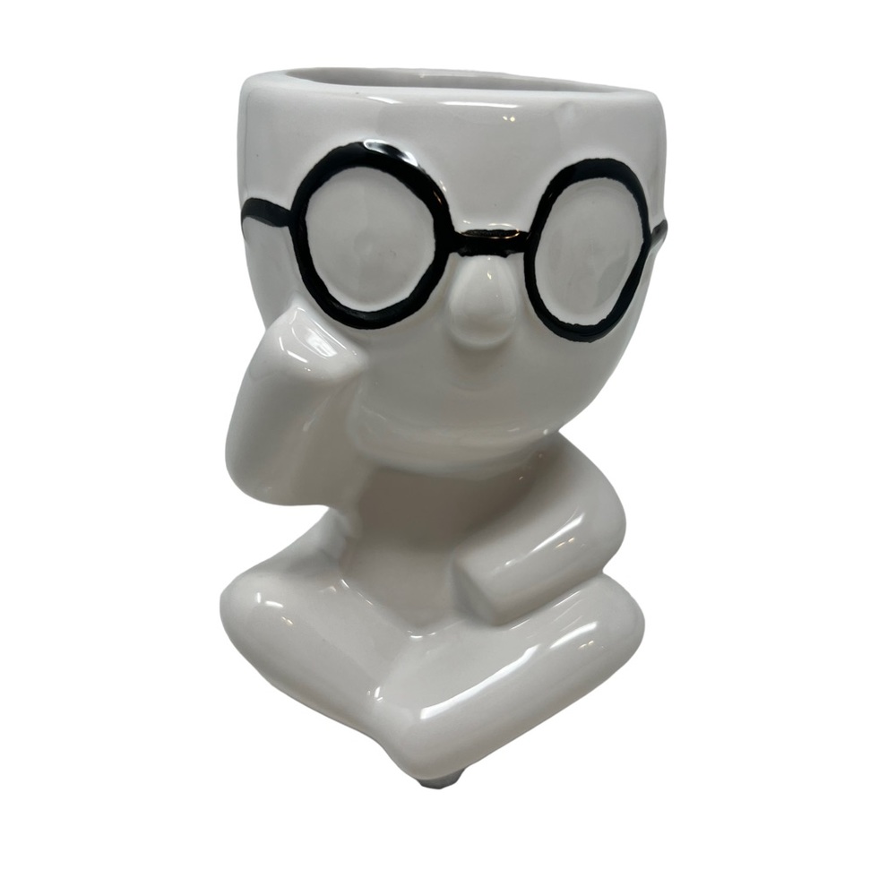 Nerdy Cute Tinny White “Thinker” Succulent Planter Pencil Holder